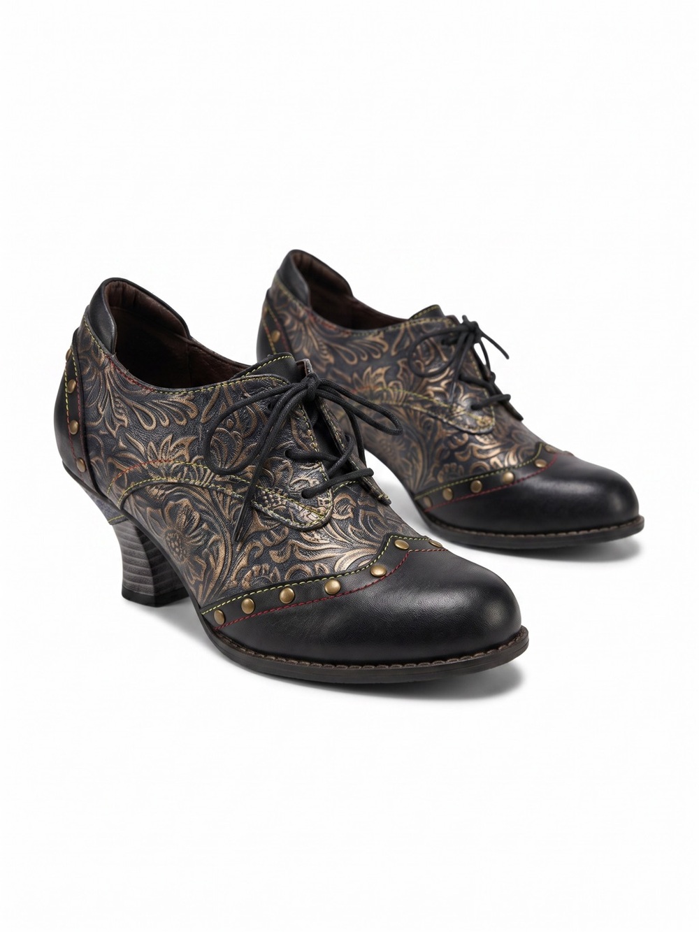 Socofy Floral Embossed Leather Oxford Heels EU 37 Boho Art to Wear Lace Up Shoes